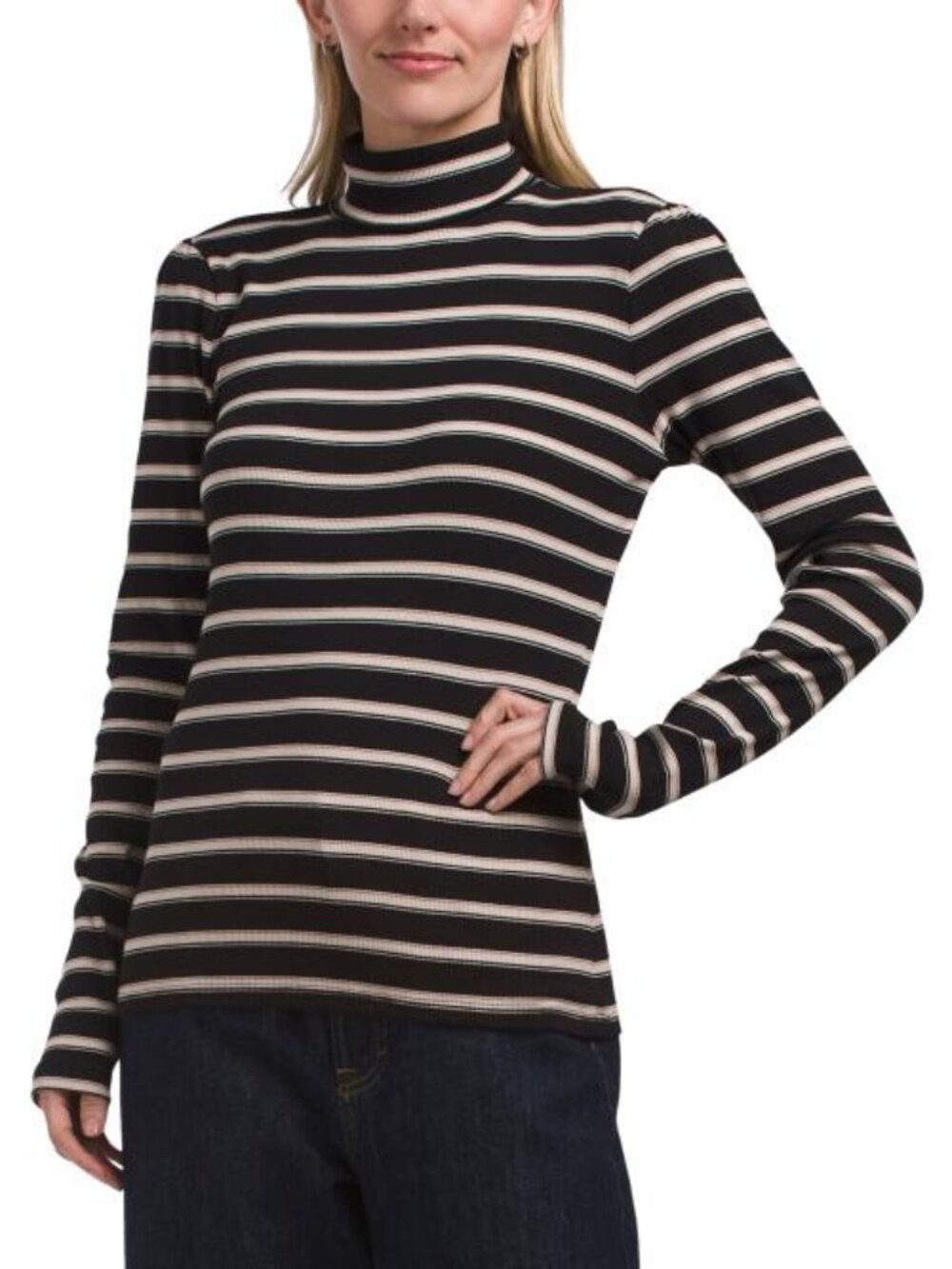 ELIE TAHARI Pima Cotton Blend Long Sleeve Turtleneck Striped Top